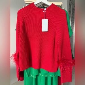 Red Feather-Trimmed Sweater